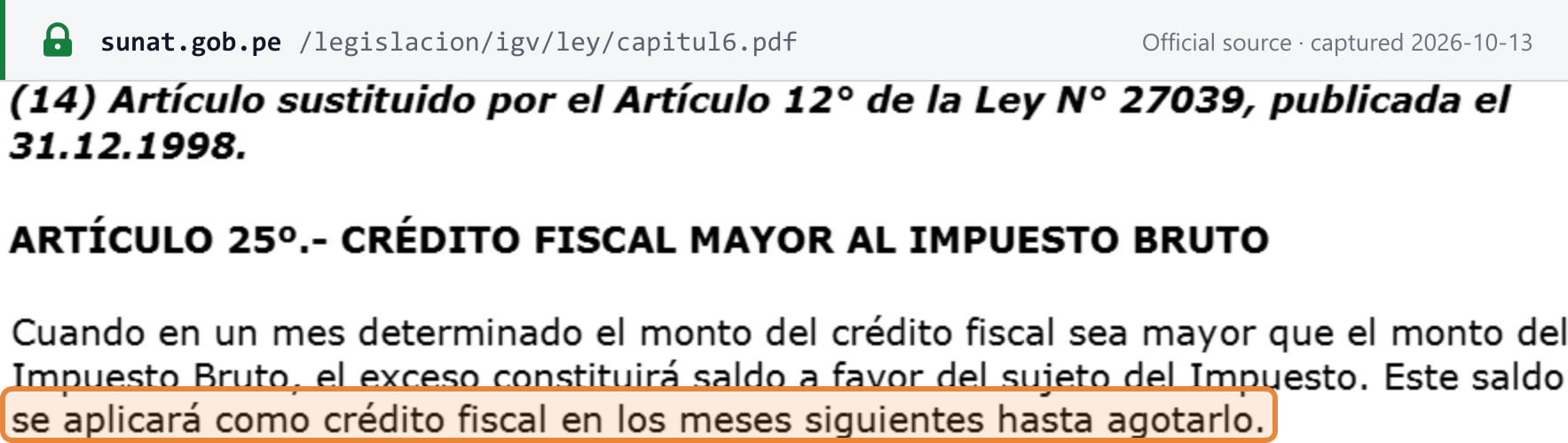 Source snapshot — TUO of the IGV Law, article 25: the balance in favour is applied as tax credit in the following months until used up