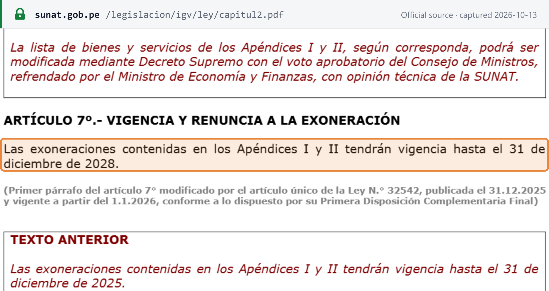 Source snapshot — TUO of the IGV Law, article 7: the exemptions in Appendices I and II apply until 31 December 2028