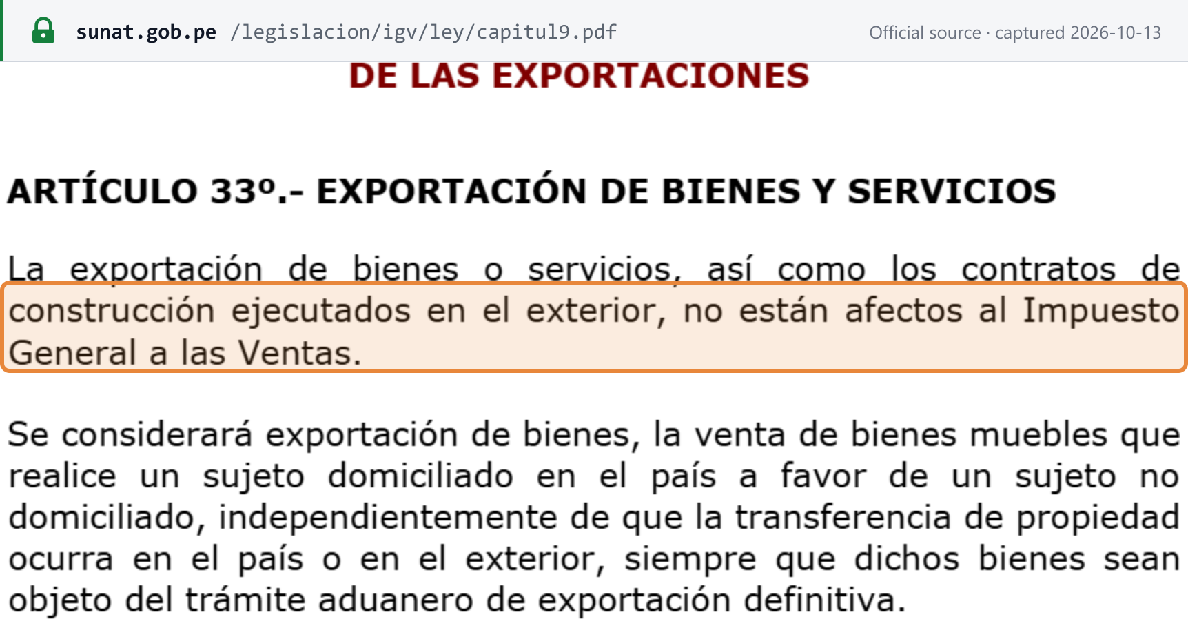 Source snapshot — TUO of the IGV Law, chapter IX: exports of goods or services, and construction contracts performed abroad, are not subject to IGV