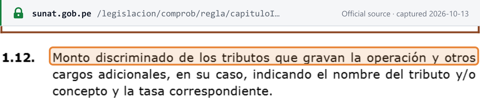 Source snapshot — Reglamento de Comprobantes de Pago, article 8: the factura must show each tax on the operation itemised, with the tax's name and rate