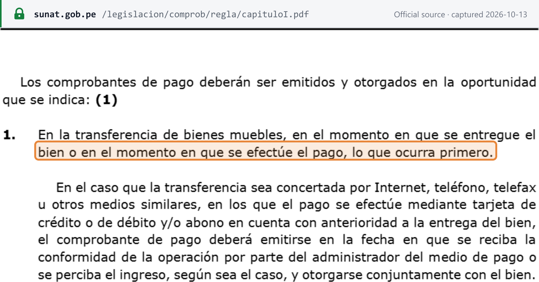 Source snapshot — Reglamento de Comprobantes de Pago, article 5: for goods, the comprobante is issued on delivery or on payment, whichever comes first