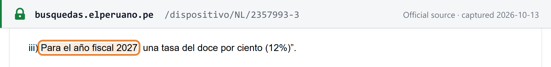 Source snapshot — Law 32219 in El Peruano: for fiscal year 2027, a rate of twelve per cent (12%)