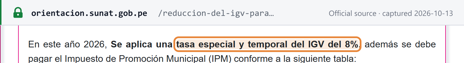 Source snapshot — SUNAT, IGV reduction for restaurants, hotels and tourist lodgings: in 2026 a special temporary IGV rate of 8% applies, plus the municipal-promotion tax (the image shows the 8% IGV only; with the 2.5% IPM the rate charged is 10.5%)