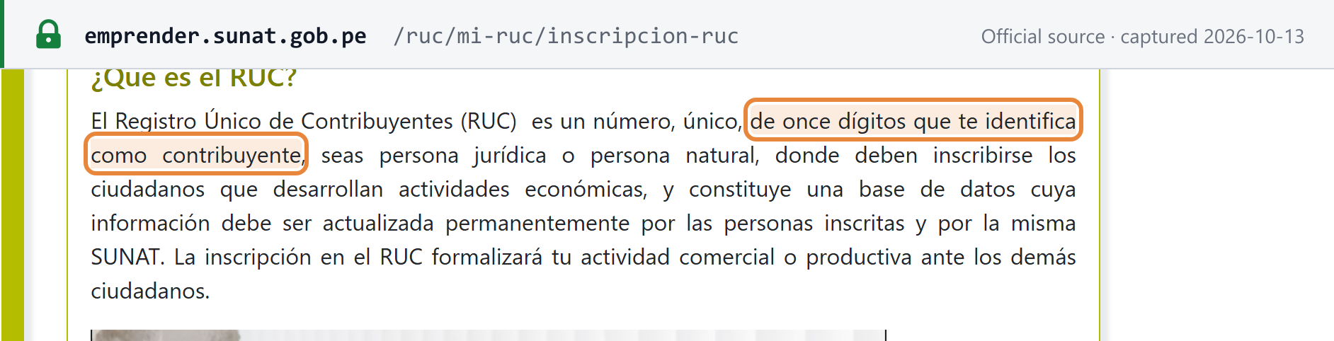 Source snapshot — SUNAT Emprender, RUC registration page: the RUC is a unique 11-digit number that identifies you as a taxpayer, in which people carrying on economic activities must register