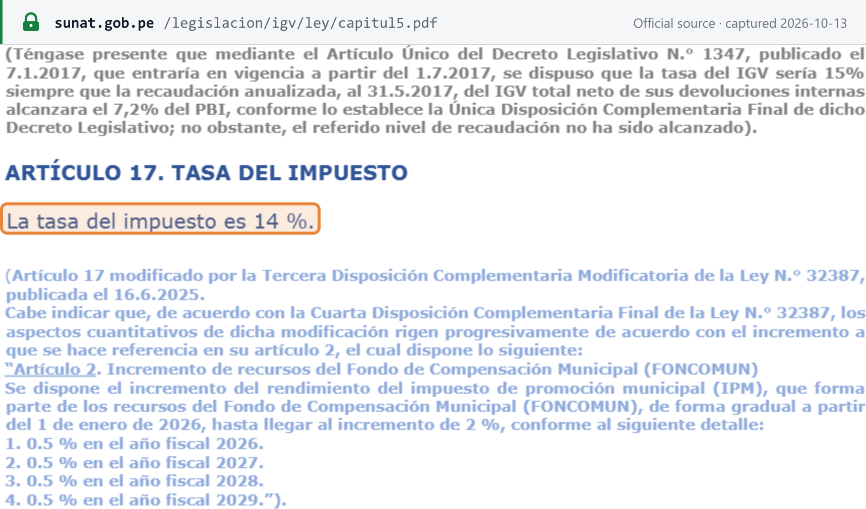 Source snapshot — TUO of the IGV Law, article 17 as consolidated by SUNAT: the tax rate is 14%, amended by Law 32387 published 16 June 2025