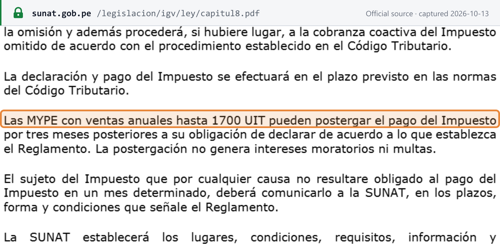 Source snapshot — TUO of the IGV Law, article 30: MYPEs with annual sales up to 1,700 UIT may postpone payment of the tax by three months