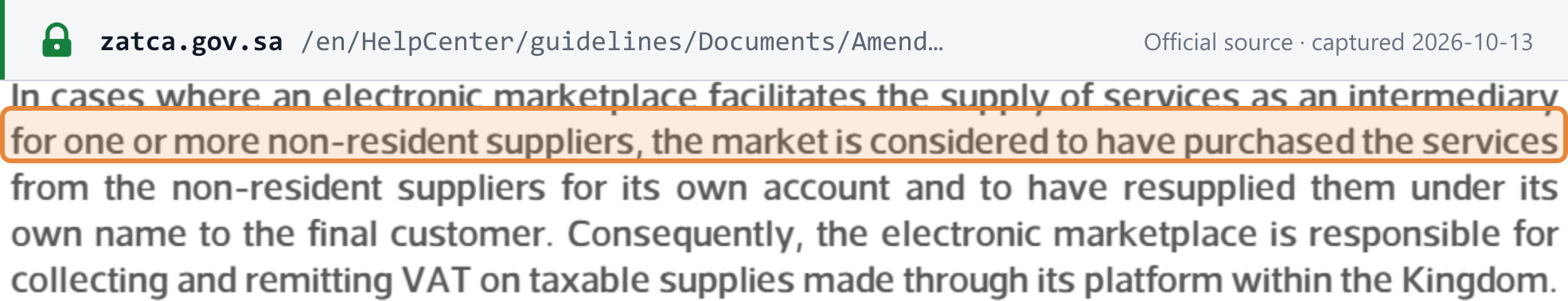 Source snapshot — ZATCA guideline on the 2024 amendments, p.34: an electronic marketplace that facilitates services for non-resident suppliers is considered to have purchased and resupplied them under its own name, and collects and remits the VAT