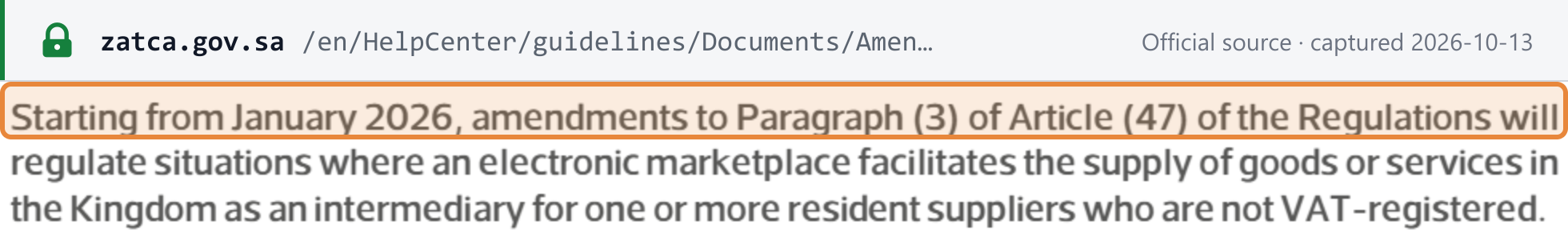 Source snapshot — ZATCA guideline on the 2024 amendments, p.38: from January 2026, Art 47(3) covers marketplaces facilitating supplies of goods or services for resident suppliers that are not VAT-registered