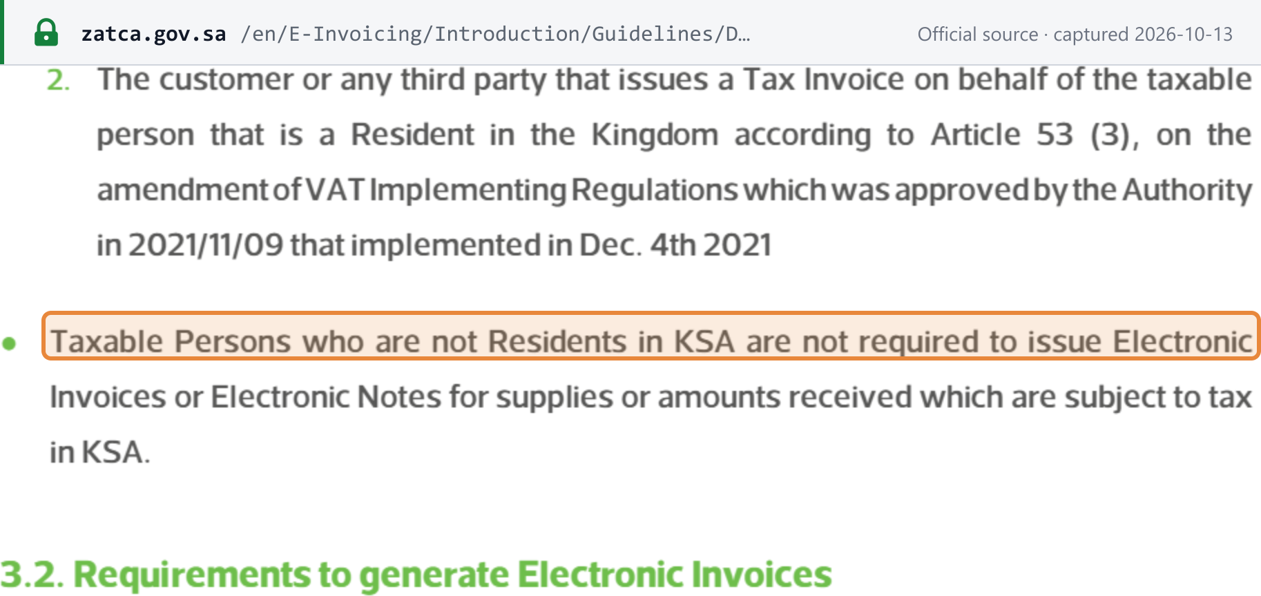 Source snapshot — ZATCA E-Invoicing Detailed Guideline, §3.1: taxable persons not resident in KSA are not required to issue electronic invoices or electronic notes
