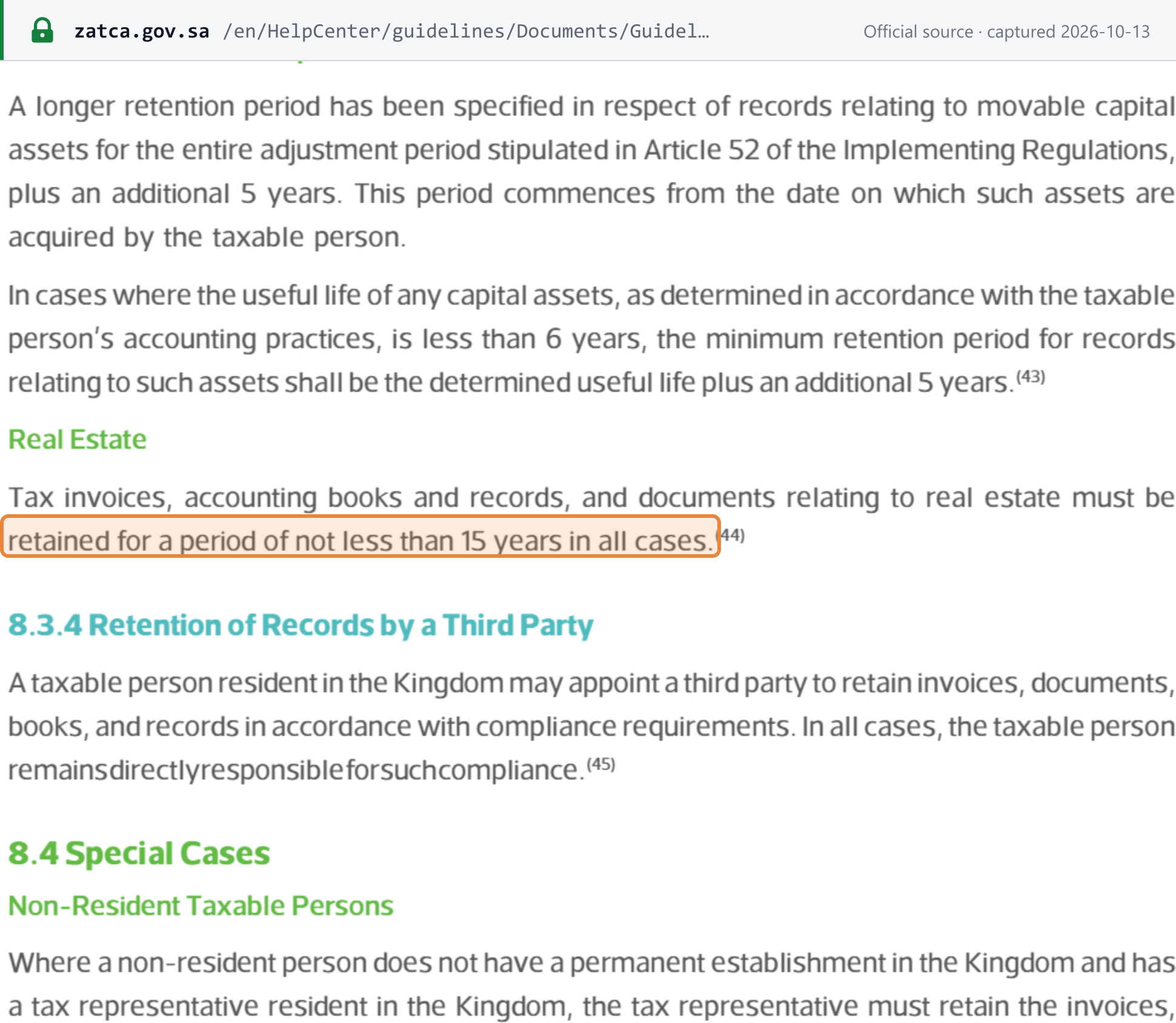 Source snapshot — ZATCA Guideline for Tax Invoicing and Records (v3, May 2026), §8.3.3: records on movable capital assets kept for the adjustment period plus 5 years, and real-estate records for not less than 15 years in all cases