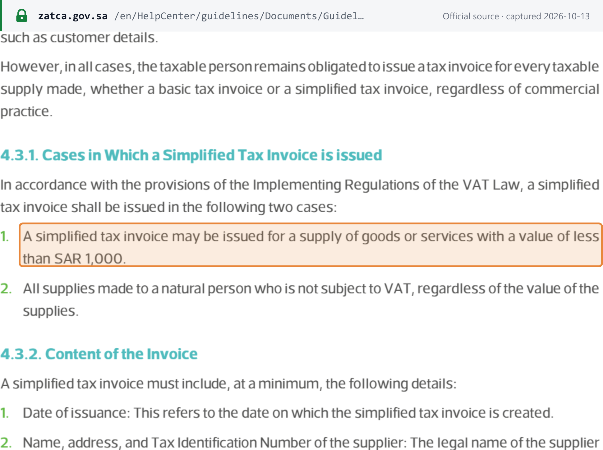 Source snapshot — ZATCA Guideline for Tax Invoicing and Records (v3, May 2026), §4.3.1: cases in which a simplified tax invoice may be issued, including supplies of less than SAR 1,000