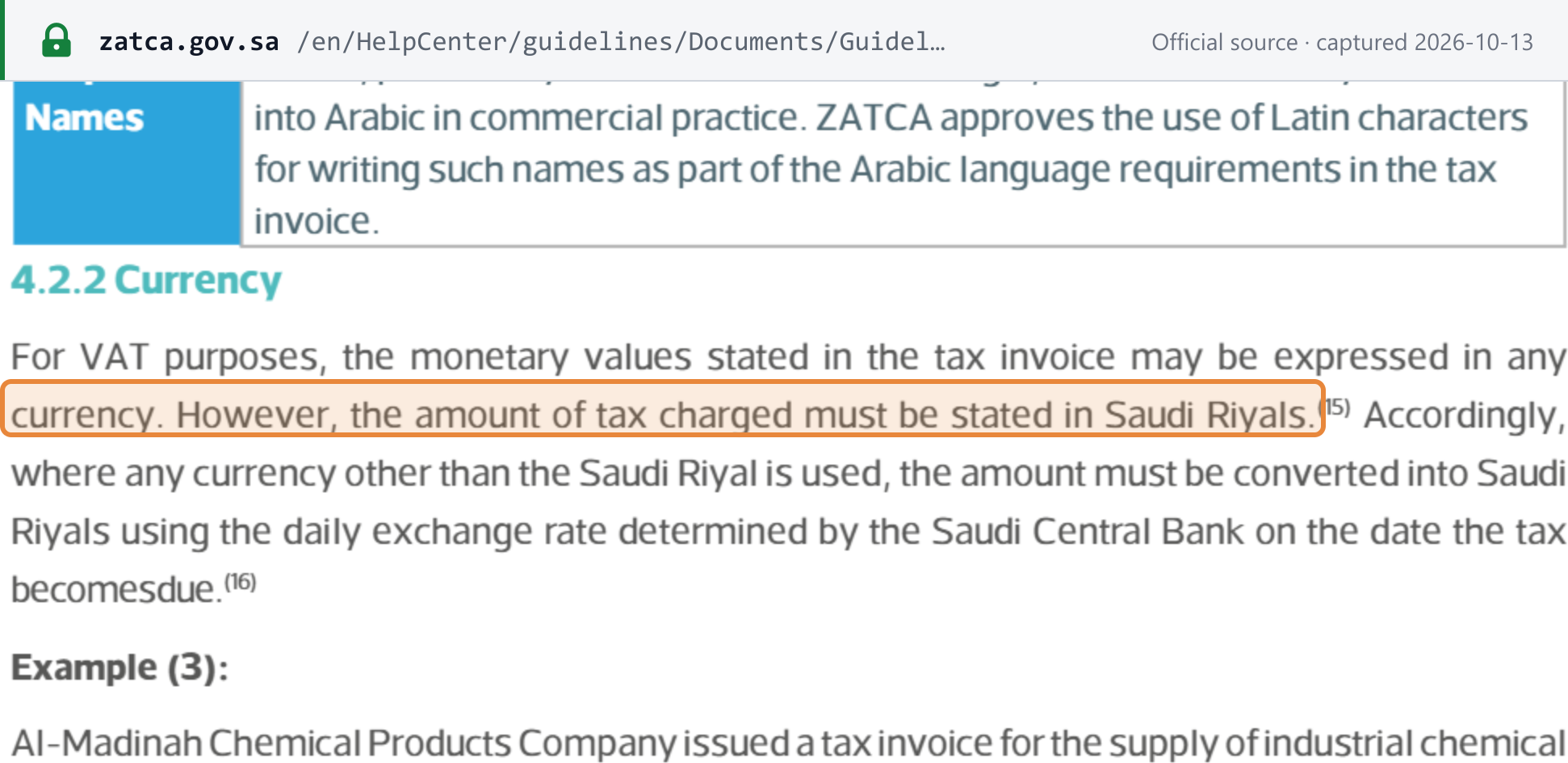 Source snapshot — ZATCA Guideline for Tax Invoicing and Records (v3, May 2026), §4.2.2: invoice values may be in any currency, but the amount of tax charged must be stated in Saudi riyals at the Saudi Central Bank daily exchange rate