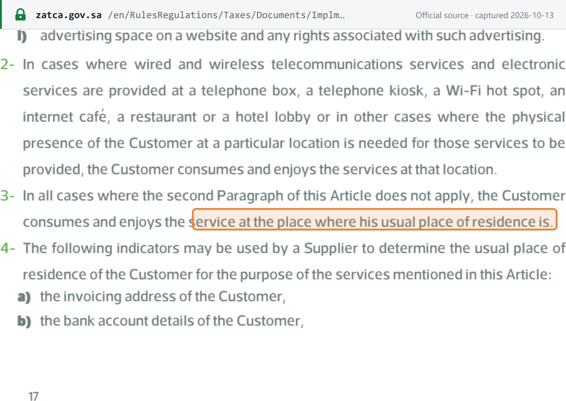 Source snapshot — VAT Implementing Regulations (English, 2021), Art 24(3)–(4): the customer consumes the service where it usually resides; the first indicators a supplier may use are the invoicing address and bank account details