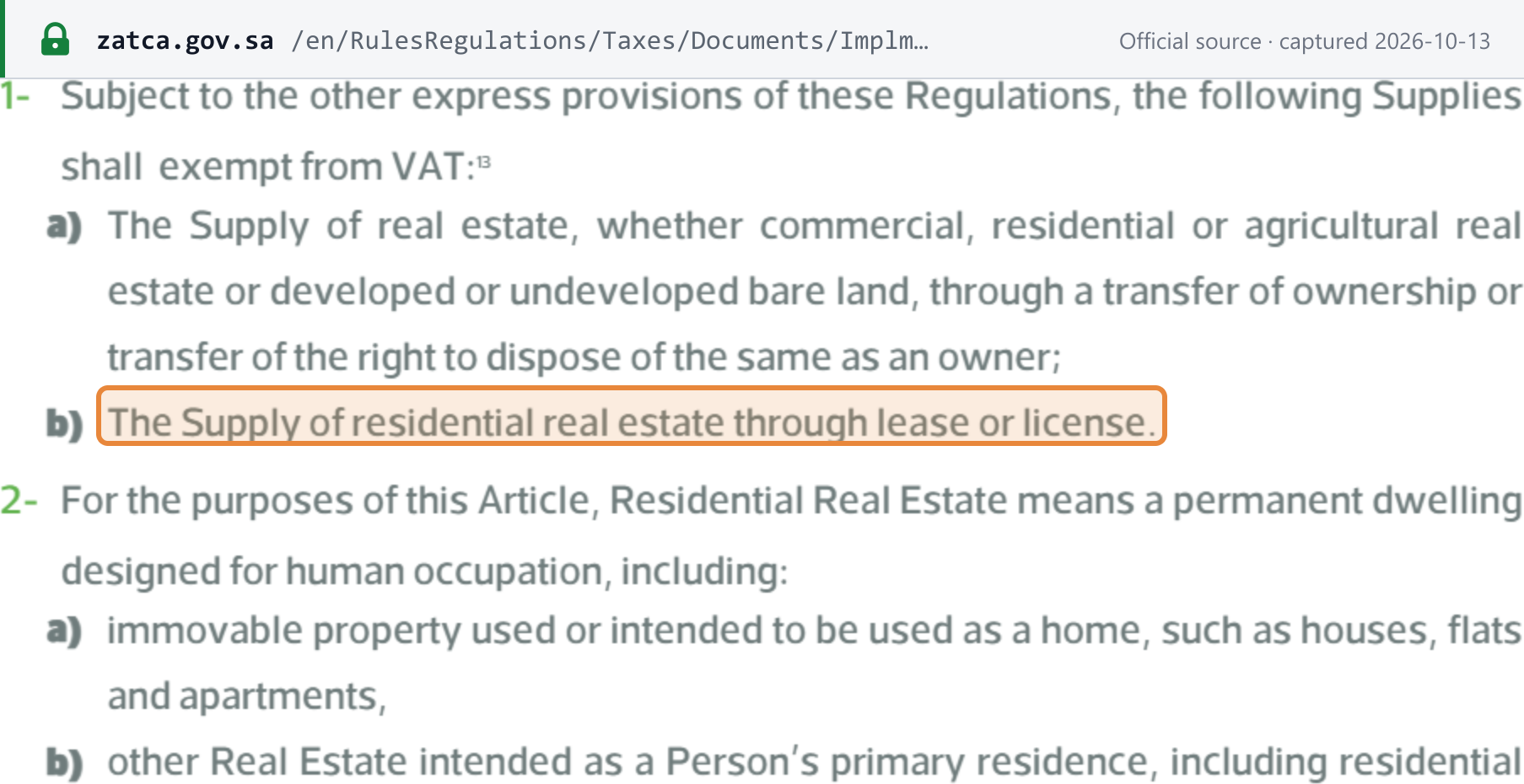 Source snapshot — VAT Implementing Regulations (English, 2021), Art 30(1): exemption of supplies of real estate by transfer of ownership and of residential real estate by lease or licence