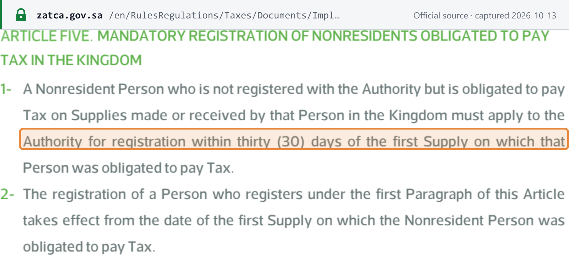 Source snapshot — VAT Implementing Regulations (English, 2021), Art 5: a non-resident obliged to pay tax must apply to register within 30 days of the first supply on which it was obliged to pay tax