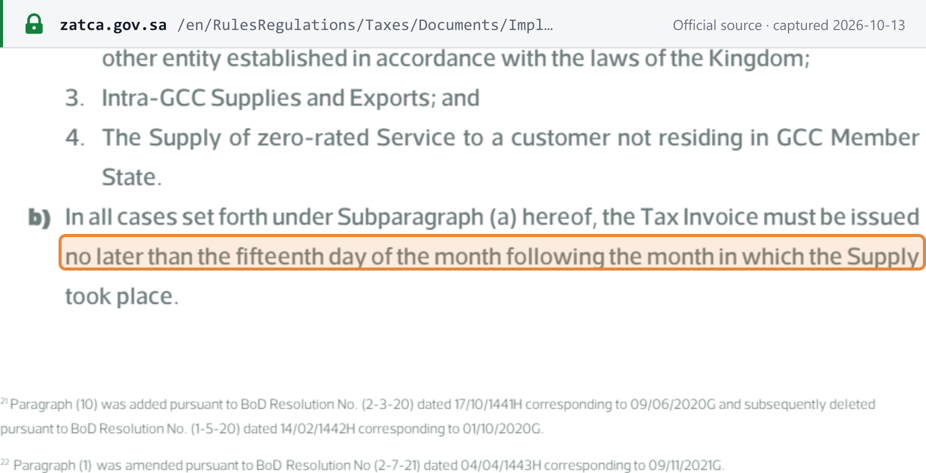Source snapshot — VAT Implementing Regulations (English, 2021), Art 53(1)(b): the tax invoice must be issued no later than the fifteenth day of the month following the month in which the supply took place