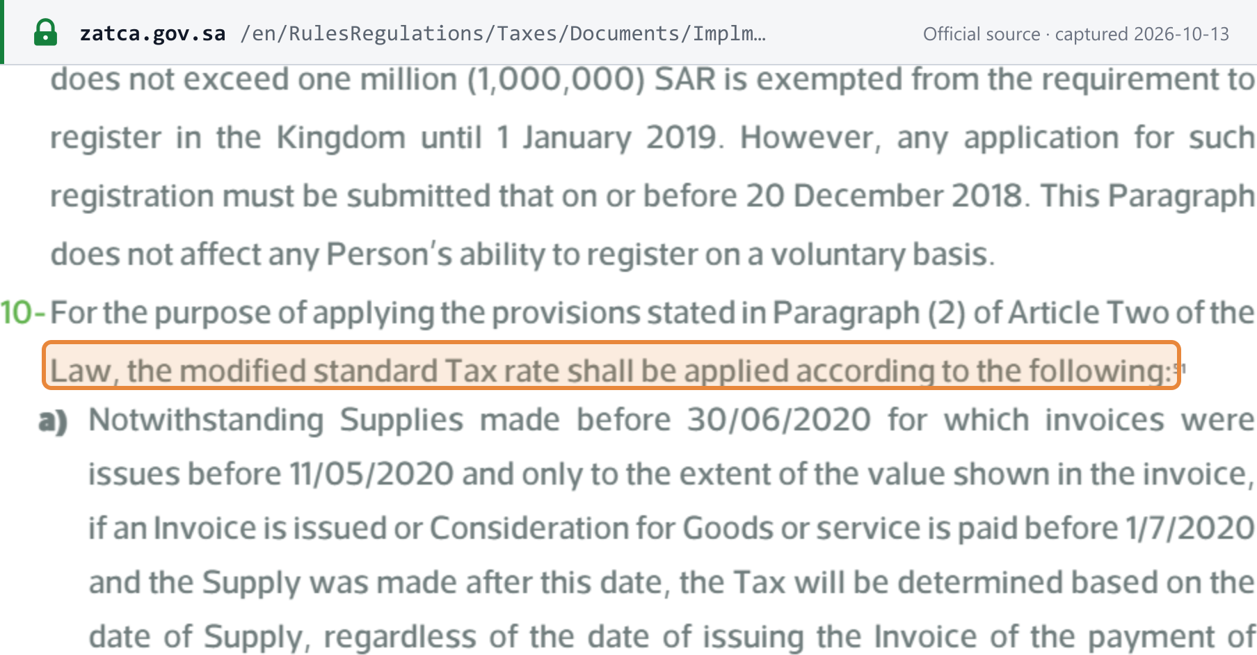 Source snapshot — VAT Implementing Regulations (English, 2021), Art 79(10): transitional rules for applying the modified standard tax rate to supplies around 1/7/2020
