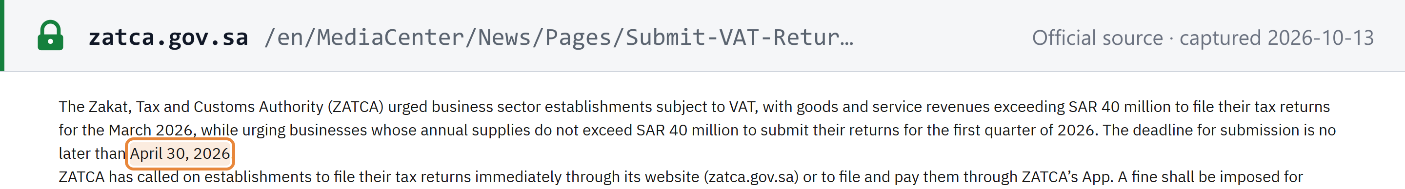 Source snapshot — ZATCA news, April 2026: businesses with revenues above SAR 40 million file the March 2026 return and others the first-quarter 2026 return, no later than 30 April 2026