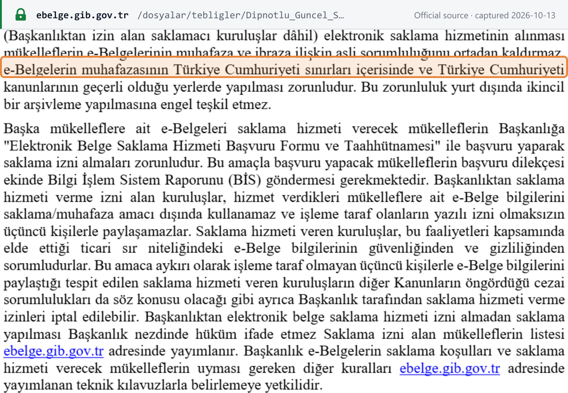 Source snapshot — Communiqué 509 §VI: e-documents must be stored within the borders of Türkiye; a secondary archive abroad is not prevented