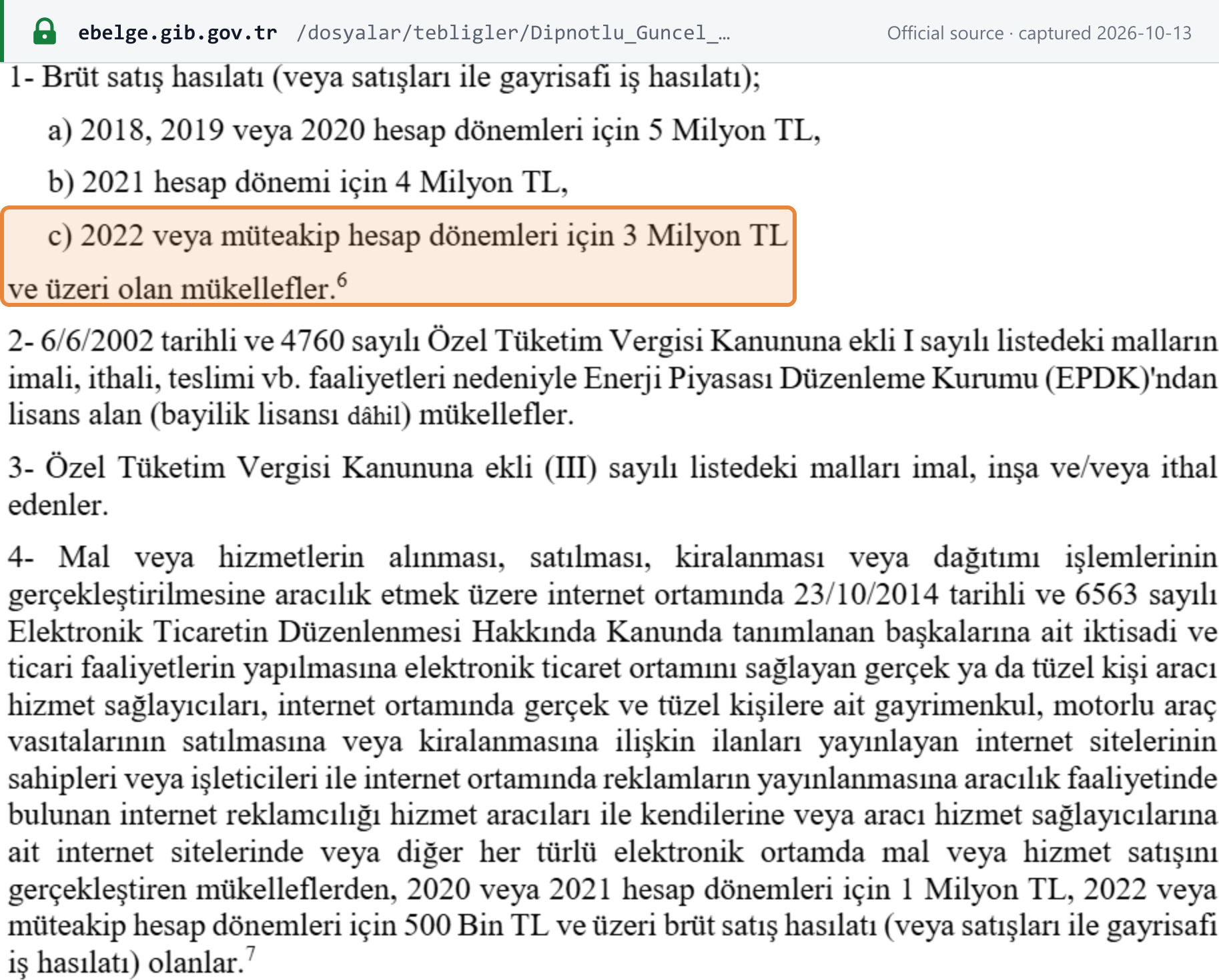 Source snapshot — VUK General Communiqué 509 §IV.1.4: e-Fatura is mandatory for taxpayers with gross sales of TRY 3 million and above for 2022 and later years