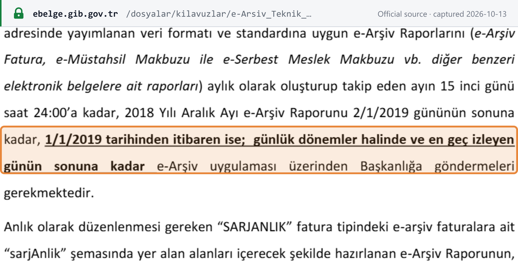 Source snapshot — GİB e-Arşiv guide v1.18: e-Arşiv reports are sent in daily periods by the end of the following day