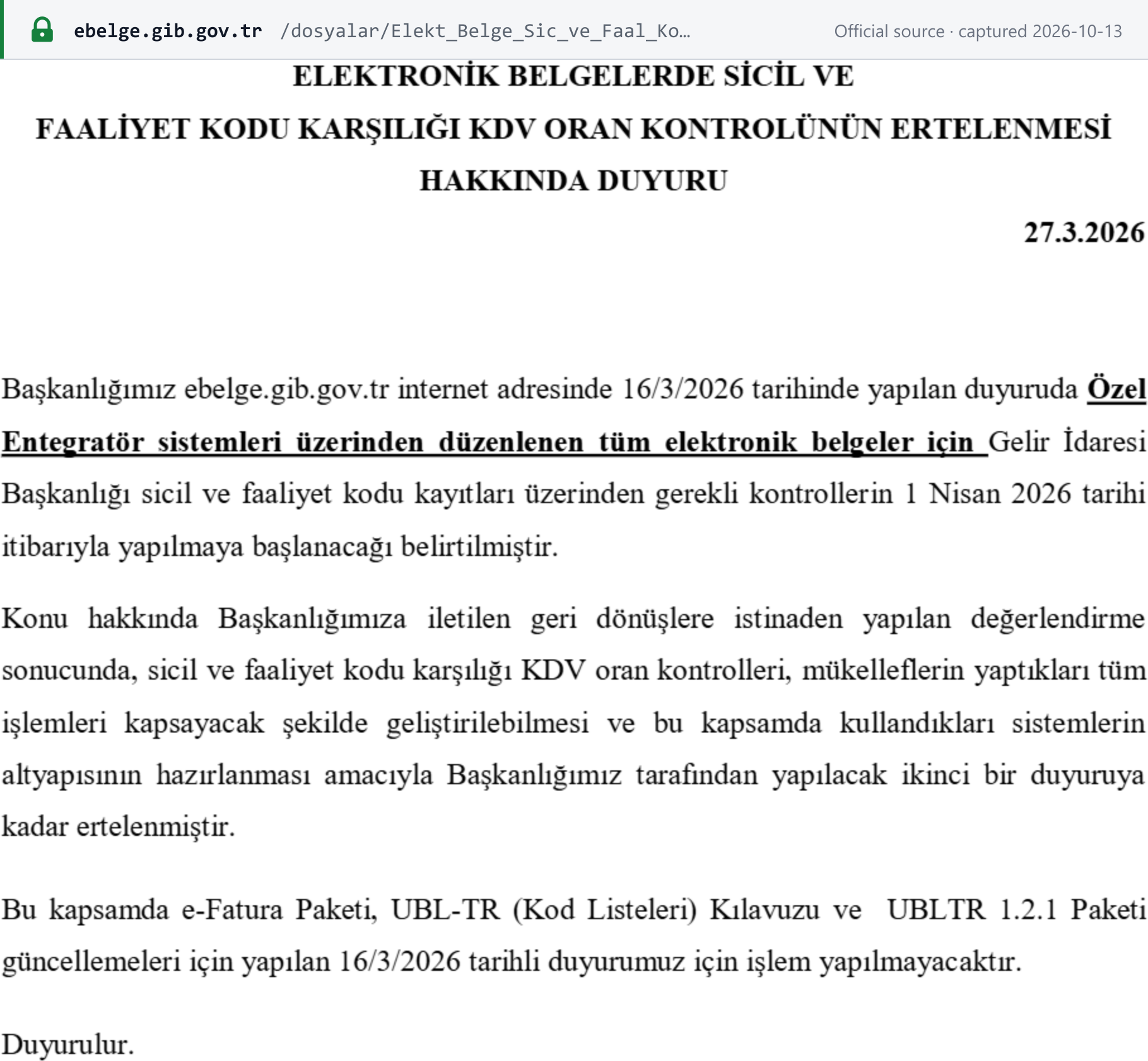 Source snapshot — GİB announcement of 27 March 2026: the KDV-rate check against registry and activity codes is postponed until a second announcement