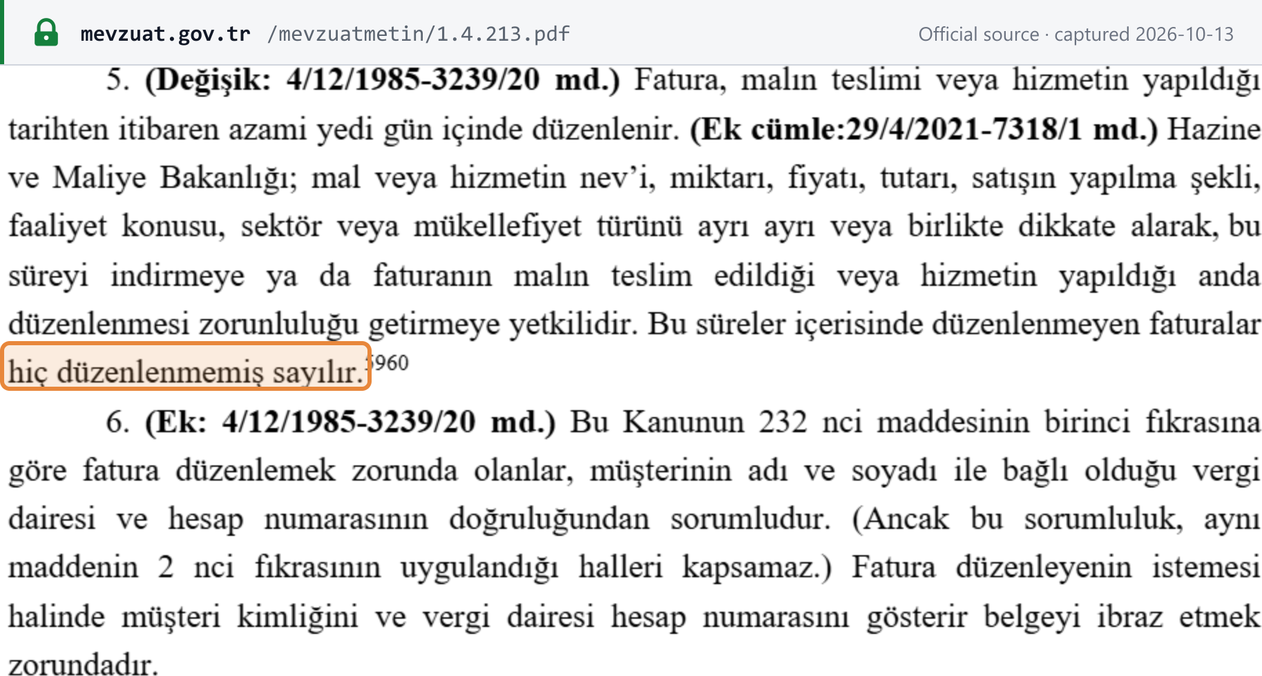 Source snapshot — VUK Article 231/5: an invoice is issued within seven days at most; invoices not issued within this period are deemed never issued