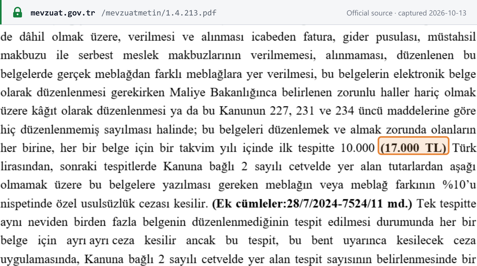 Source snapshot — VUK Article 353/1: special irregularity penalty of 10%, not less than TRY 17,000 per document on the first finding in a calendar year