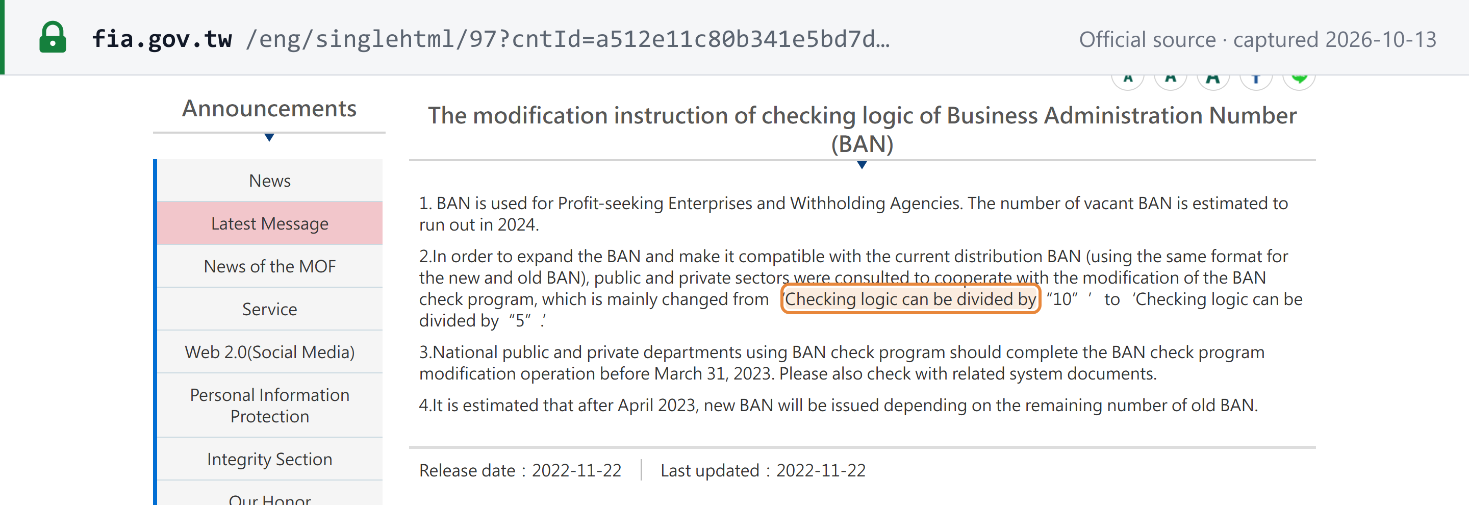 Source snapshot — FIA English notice: Business Administration Number (BAN) check logic changes from divisible by 10 to divisible by 5; systems to be updated before 31 March 2023