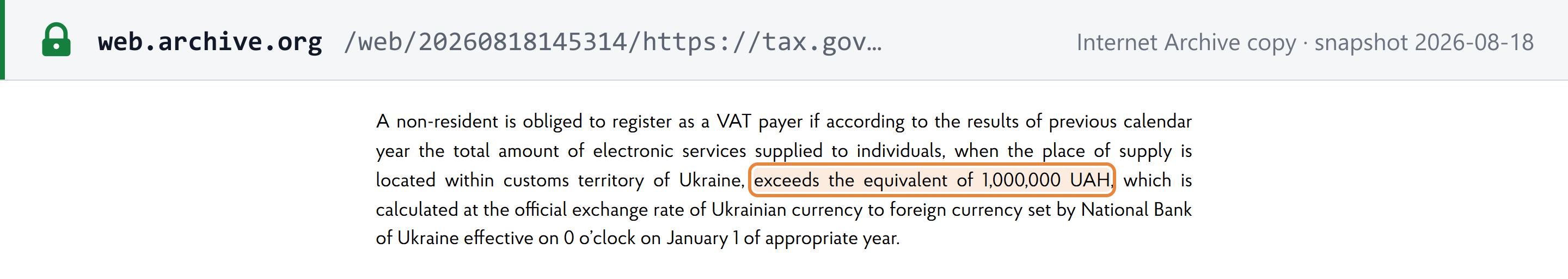 Source snapshot — State Tax Service of Ukraine (English note for non-resident e-service providers): registration is required when supplies exceed the equivalent of UAH 1,000,000