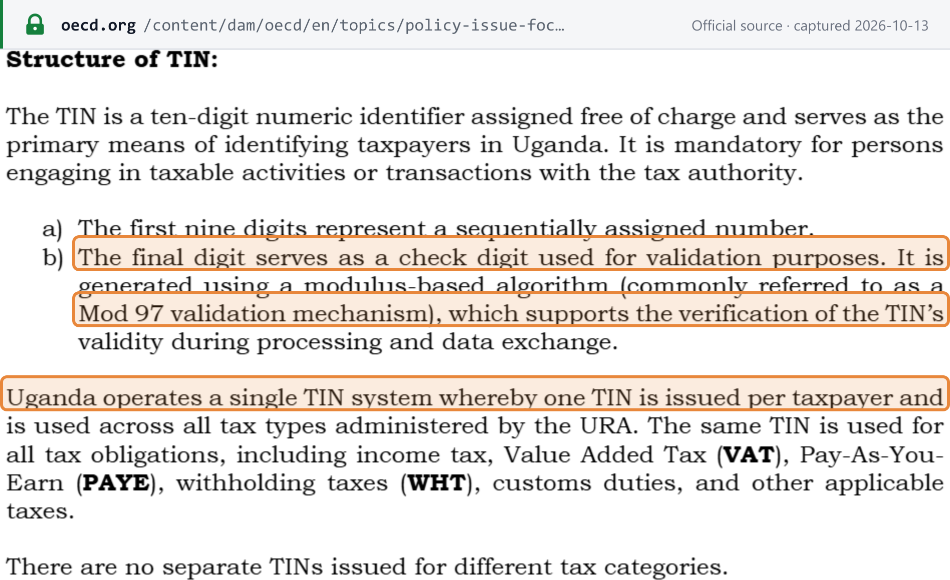 Source snapshot — Uganda TIN information sheet (OECD): the first nine digits are sequential and the final digit is a check digit generated with a modulus-based (Mod 97) method