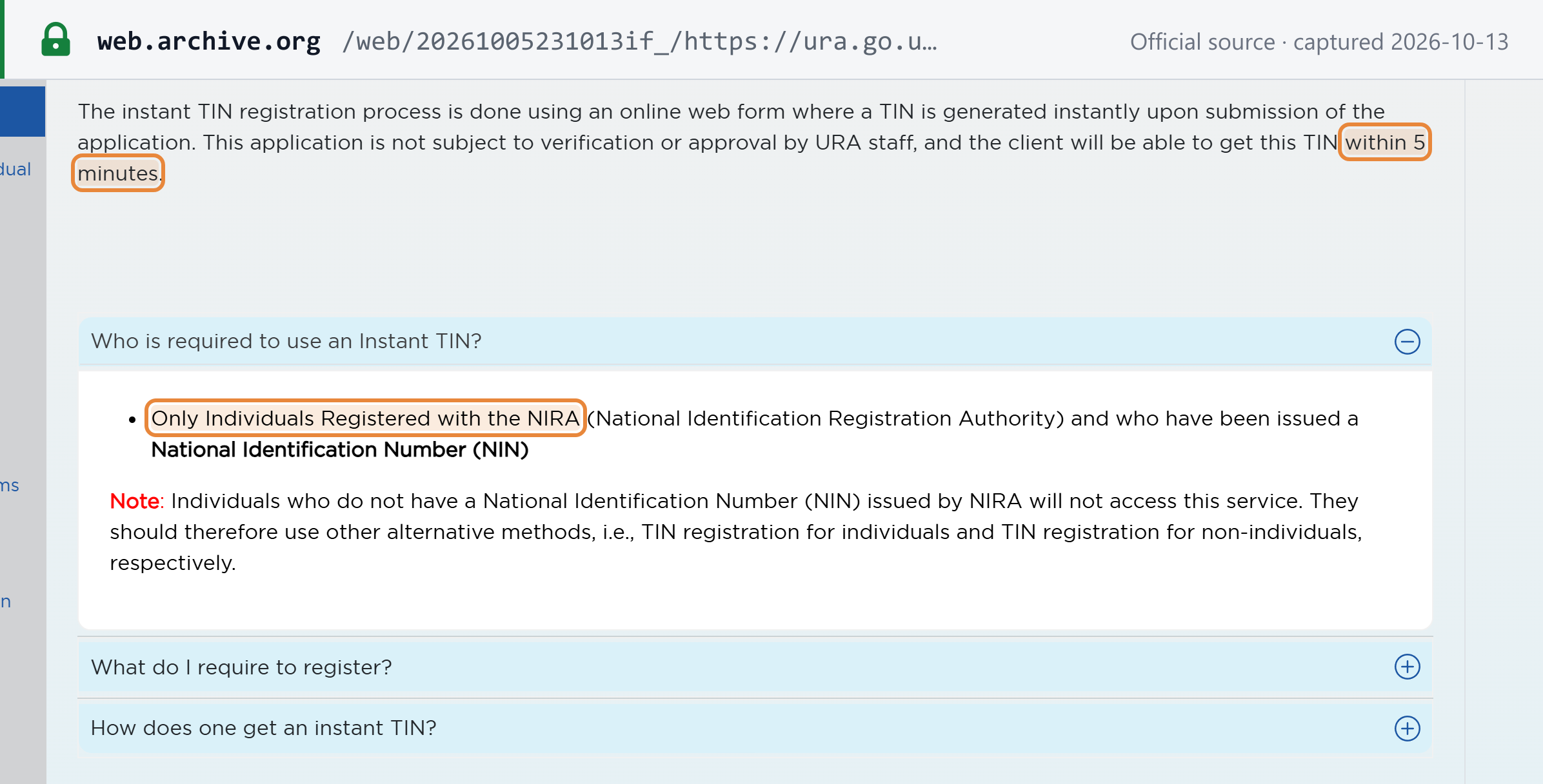 Source snapshot (Internet Archive copy of the URA page) — URA Instant TIN: the TIN is generated within 5 minutes, only for individuals registered with NIRA who hold a NIN