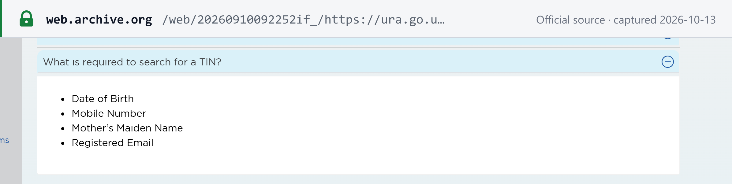Source snapshot (Internet Archive copy of the URA page) — URA Search TIN: the search requires date of birth, mobile number, mother's maiden name and registered email