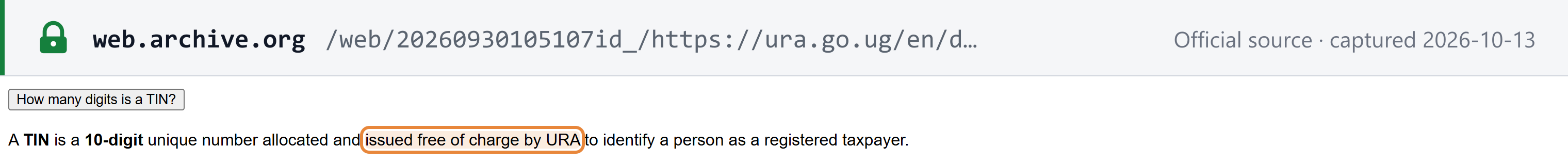 Source snapshot (Internet Archive copy of the URA page) — URA "Get a TIN": a TIN is a 10-digit unique number allocated and issued free of charge by URA