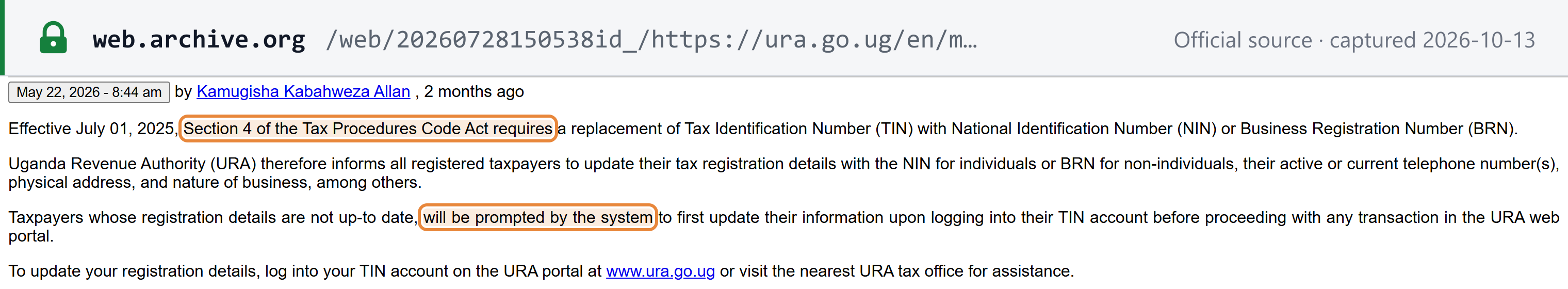 Source snapshot (Internet Archive copy of the URA page) — URA notice: Section 4 of the Tax Procedures Code Act requires the TIN to be replaced with the NIN or BRN; taxpayers must update their registration details before transacting on the portal