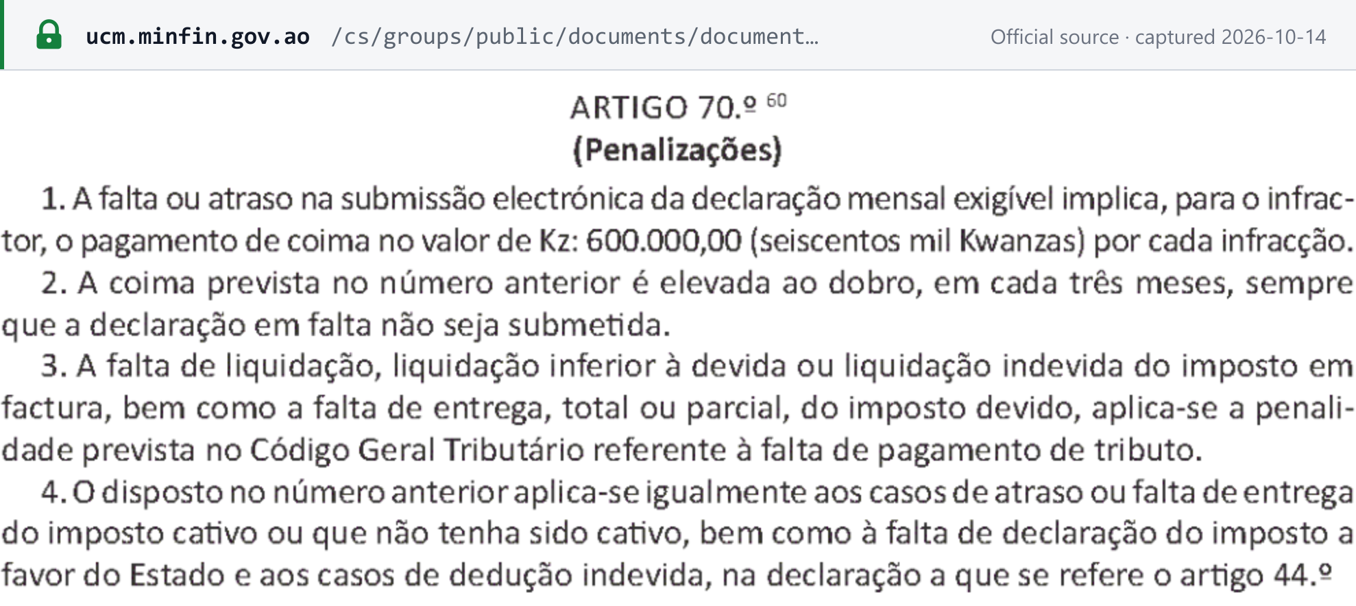 Source snapshot — IVA Code art. 70.º: a missing or late monthly return is fined Kz 600,000 per infraction, doubled every three months while the return is not filed