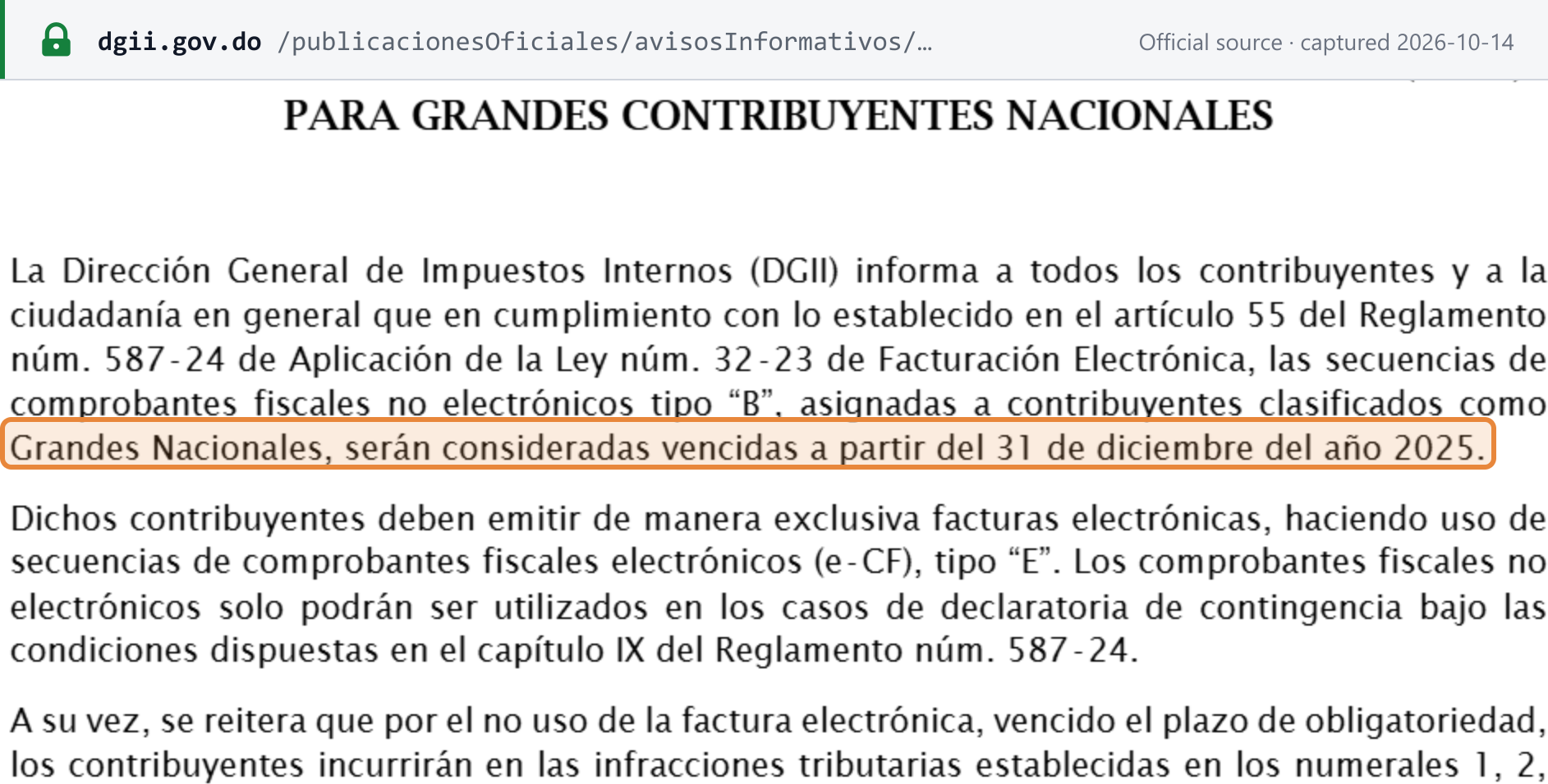 Source snapshot — DGII Aviso 25-25: the paper "B" receipt sequences assigned to taxpayers classified as Grandes Nacionales are treated as expired from 31 December 2025 (highlighted); they must issue e-CF only, and may use paper only in a declared contingency