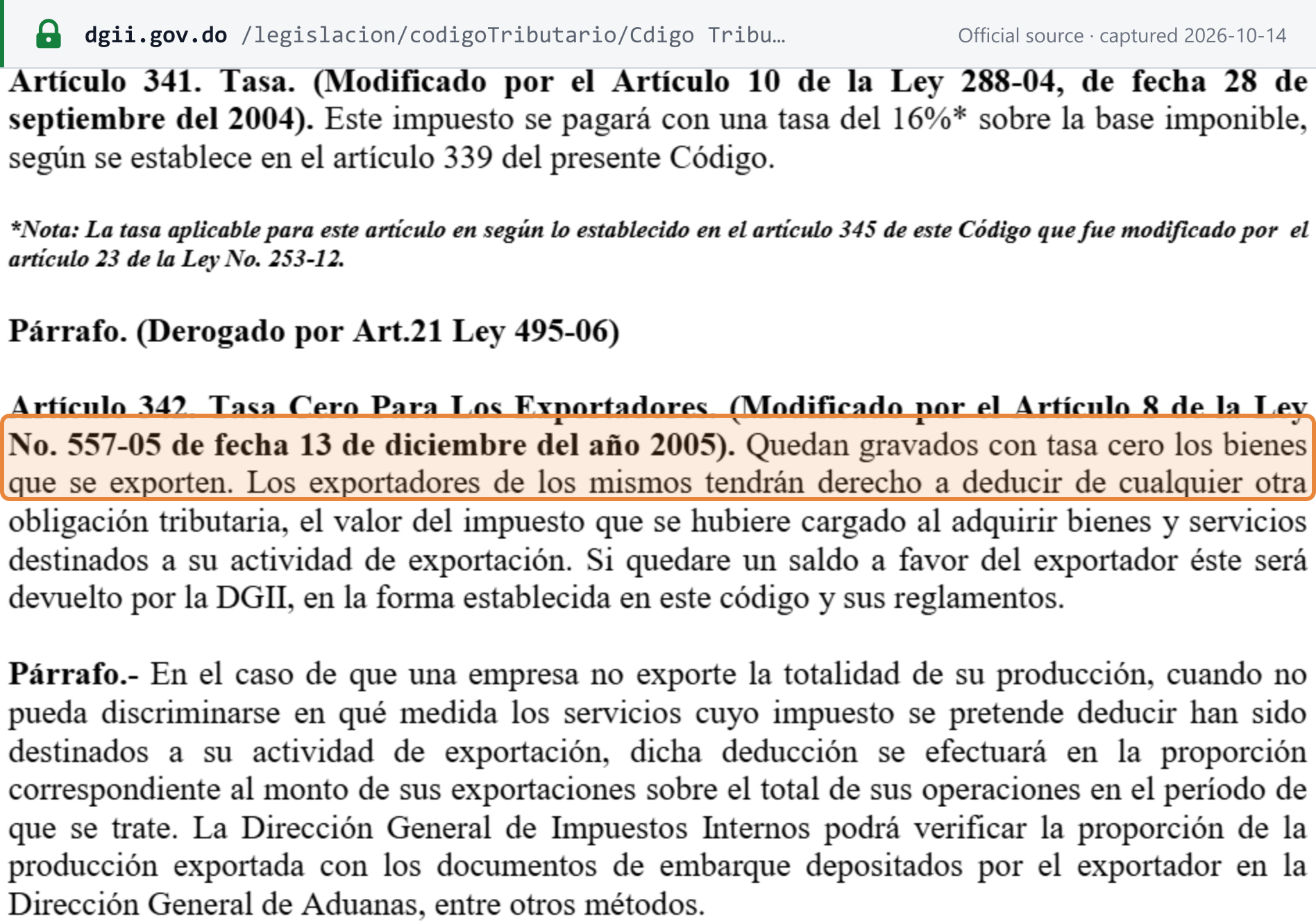 Source snapshot — Tax Code, Title III: article 341 printed as "16%*" with a note referring to article 345 as amended by Law 253-12; article 342, "Quedan gravados con tasa cero los bienes que se exporten" (highlighted), with deduction against any other tax and refund of any balance, and the apportionment paragraph for partial exporters