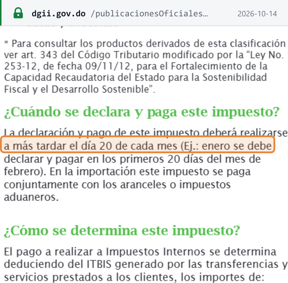 Source snapshot — DGII Guía 7 (ITBIS), "¿Cuándo se declara y paga este impuesto?": the return and payment are due no later than the 20th of each month (highlighted) — January is filed and paid in the first 20 days of February; on imports the tax is paid with customs duties