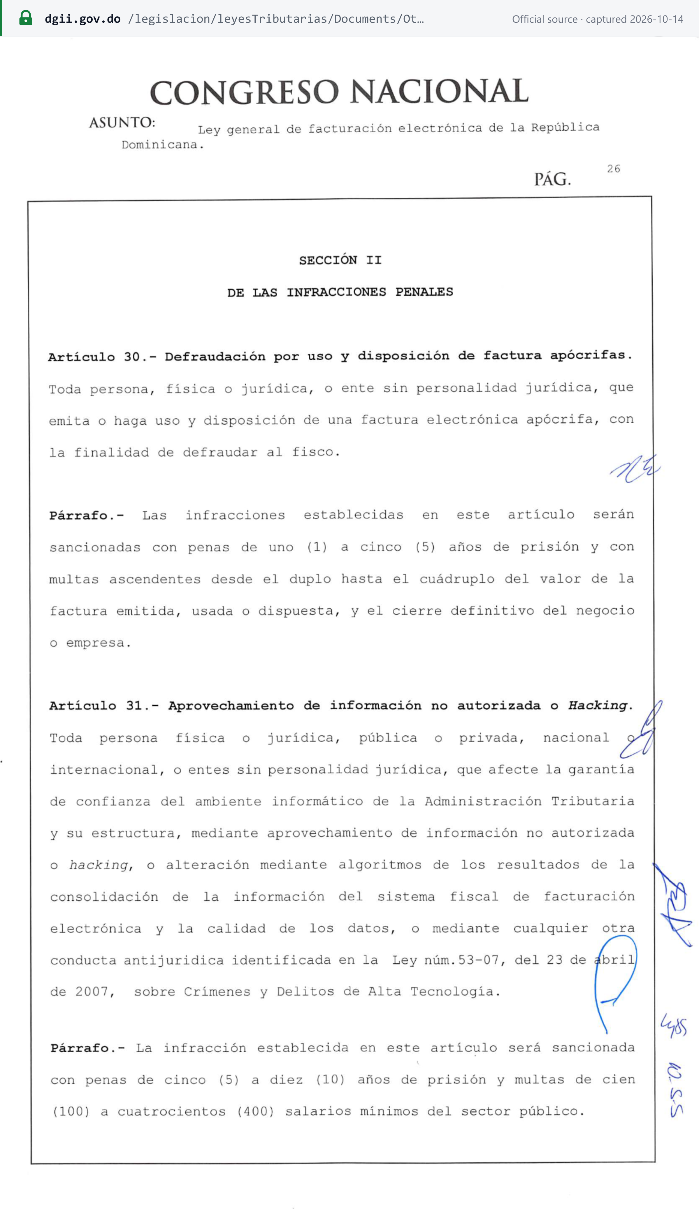 Source snapshot — Law 32-23, page 26, Section II on criminal infractions: article 30 (apocryphal e-invoices used to defraud) — one to five years in prison, fines of two to four times the invoice value and permanent closure of the business; article 31 (hacking) — five to ten years in prison and fines of 100 to 400 public-sector minimum salaries