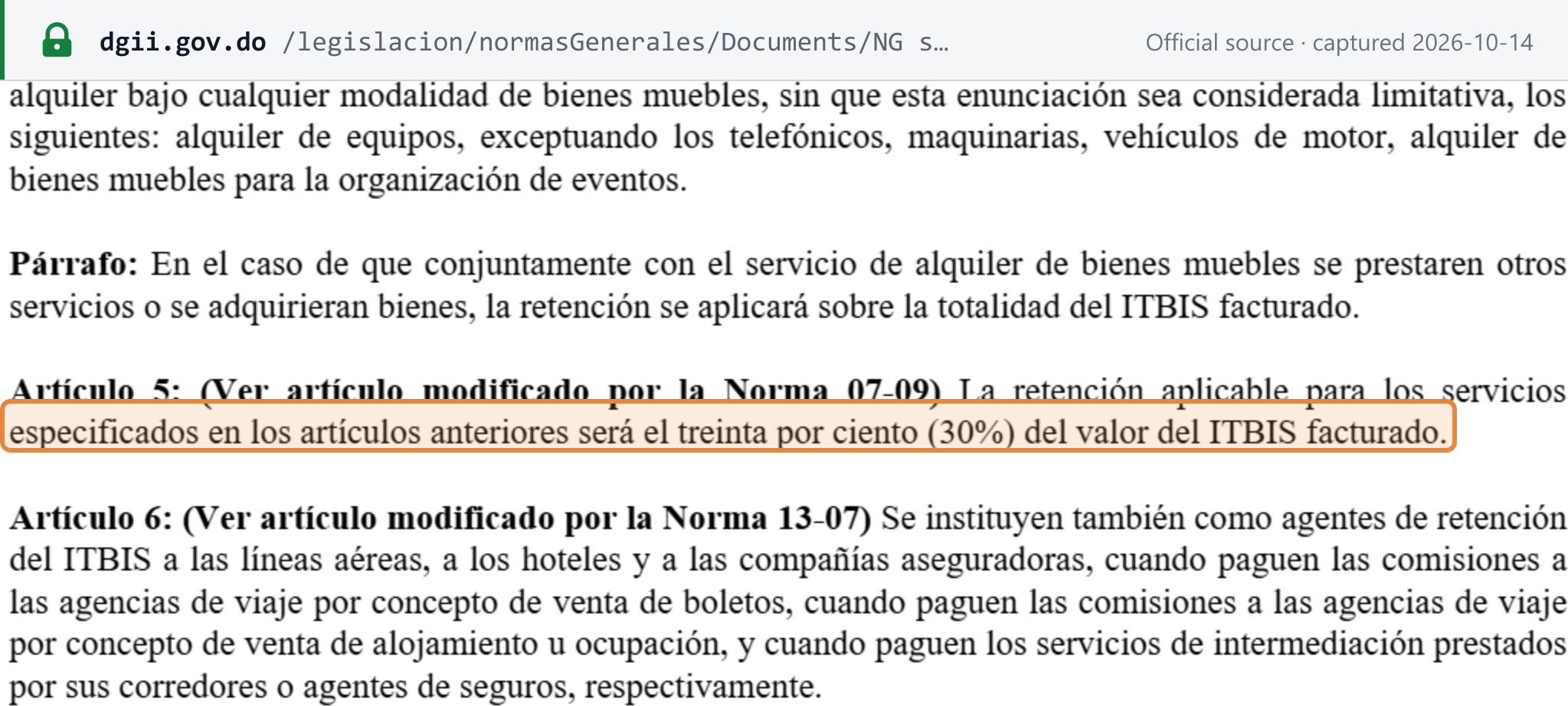Source snapshot — Norma General 02-05, article 5: the withholding for the services in the preceding articles is thirty per cent (30%) of the invoiced ITBIS (highlighted); article 6 below appoints airlines, hotels and insurers as withholding agents on commissions to travel agencies and brokers