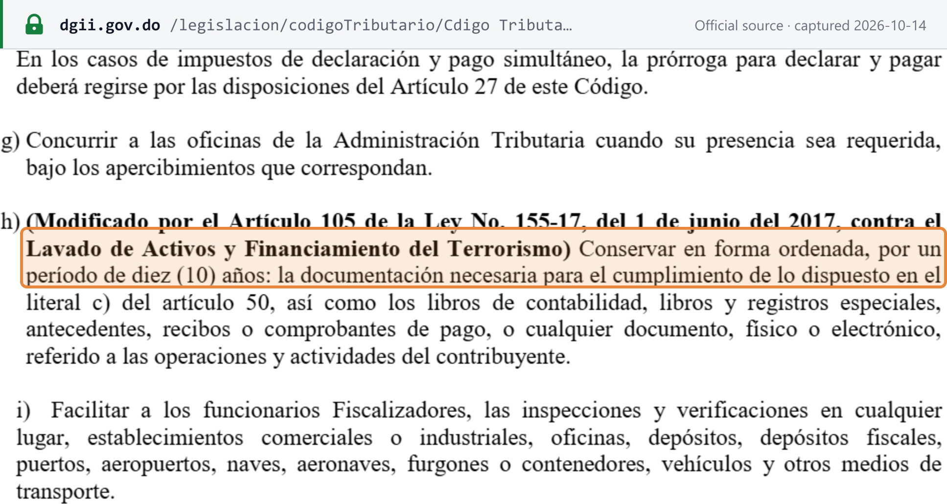 Source snapshot — Tax Code, Title I, article 50 h (as amended by Law 155-17): keep in order for ten (10) years (highlighted) the books, special records, receipts or any document, physical or electronic, relating to the taxpayer's operations
