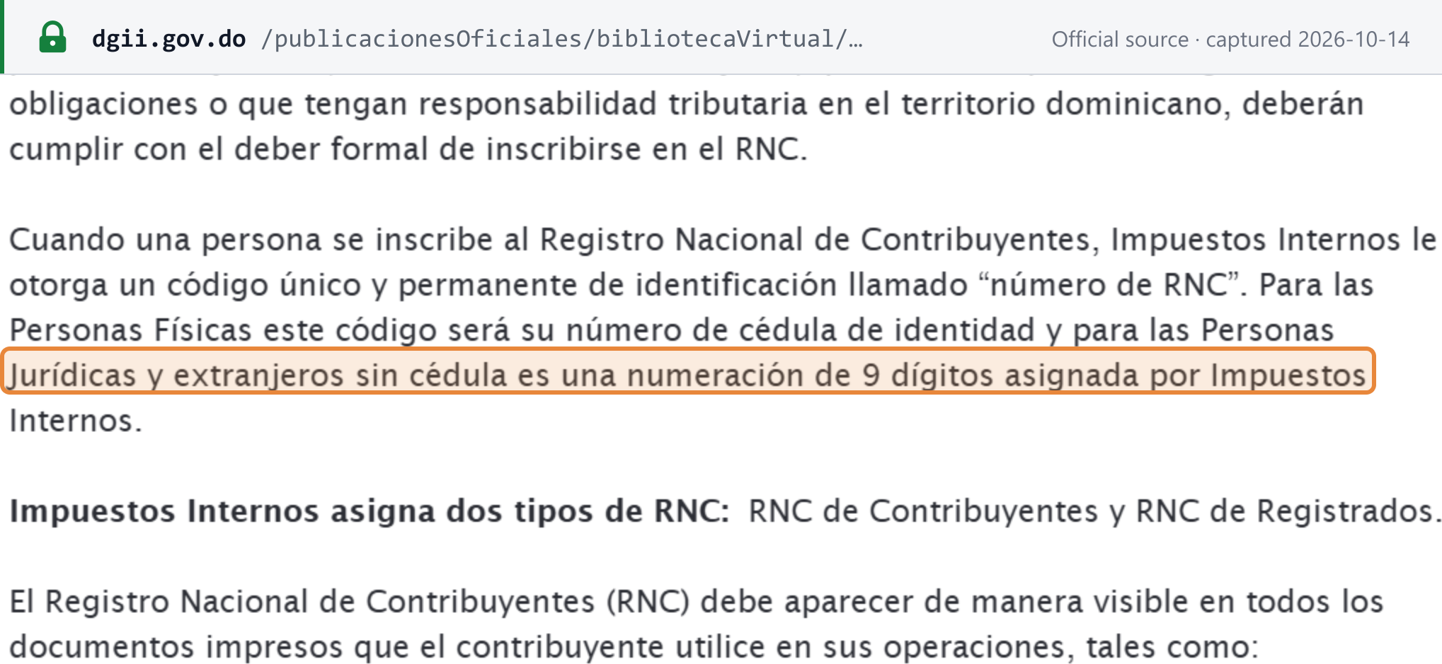 Source snapshot — DGII RNC magazine: when a person registers, the DGII assigns an RNC number; for individuals it is their cédula number, and for legal persons and foreigners without a cédula it is a 9-digit number assigned by the DGII (highlighted); the RNC must appear on all printed documents