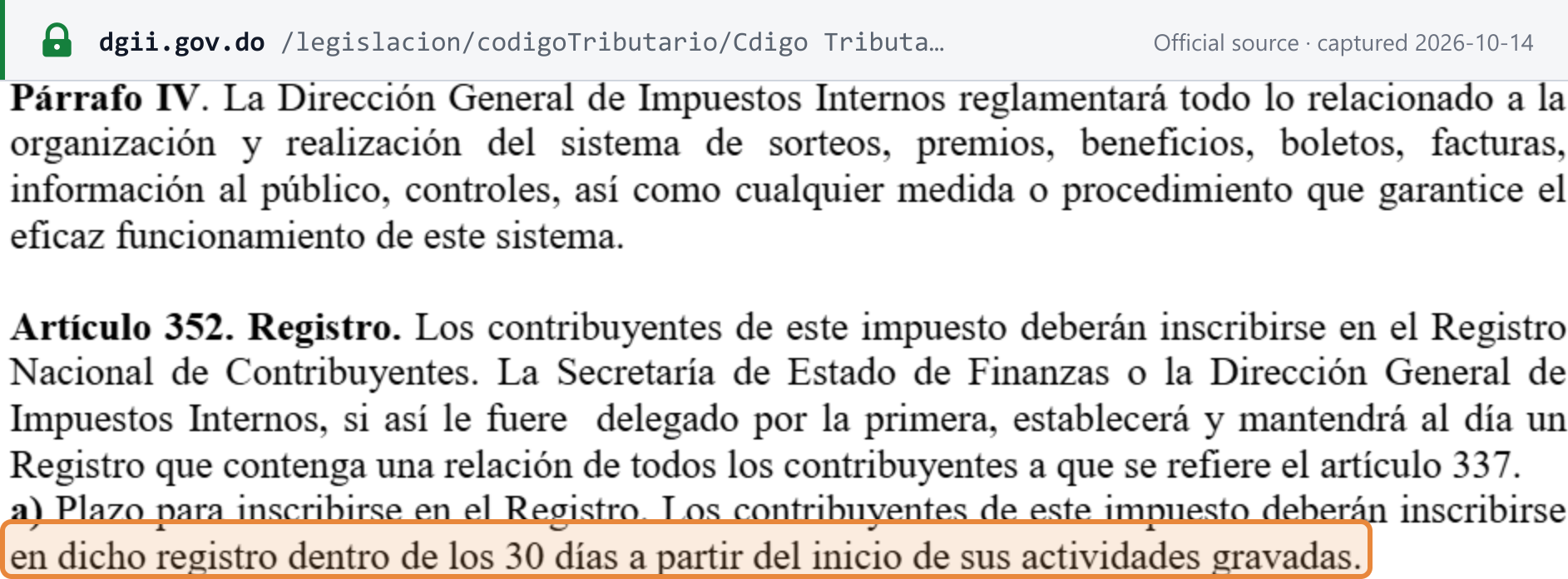 Source snapshot — Tax Code, Title III, article 352: ITBIS taxpayers must register in the Registro Nacional de Contribuyentes within 30 days of starting their taxed activities (highlighted)