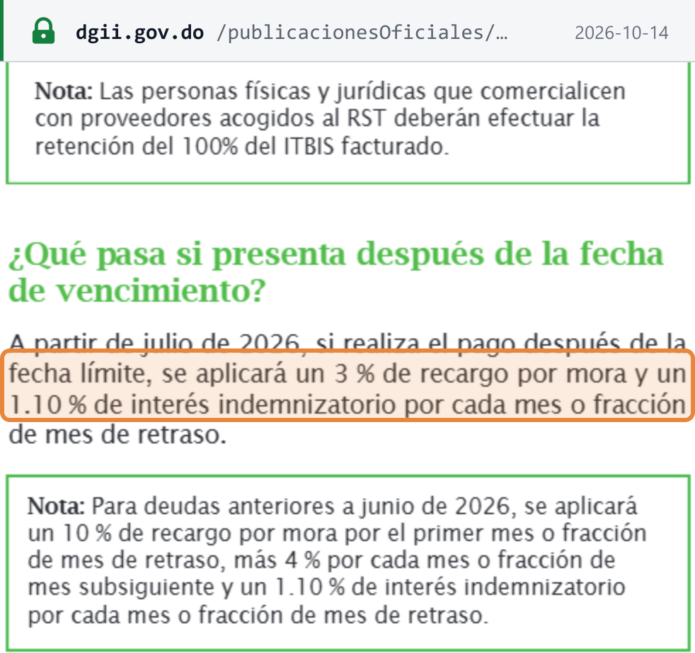 Source snapshot — DGII Guía 7 (ITBIS): from July 2026, late payment carries a 3% surcharge and 1.10% compensatory interest per month or part-month (highlighted); the note below gives 10% for the first month and 4% for each later month, plus 1.10% interest, for debts before June 2026; above, buyers from RST suppliers withhold 100% of the ITBIS