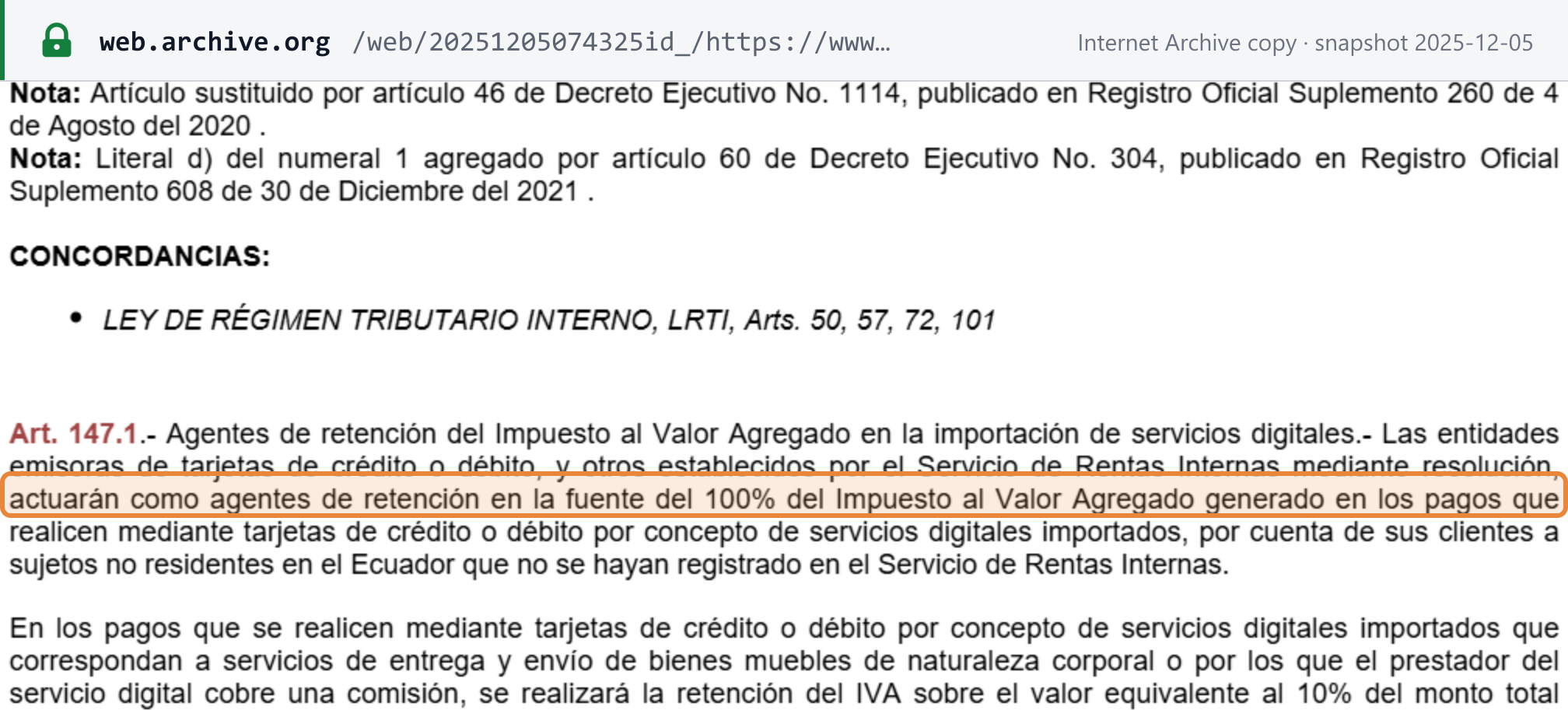 Source snapshot — RLRTI article 147.1, page 91: card issuers "actuarán como agentes de retención en la fuente del 100% del Impuesto al Valor Agregado" on card payments for imported digital services to non-residents not registered with SRI; the second paragraph, on delivery services and commissions, begins at the foot of the page