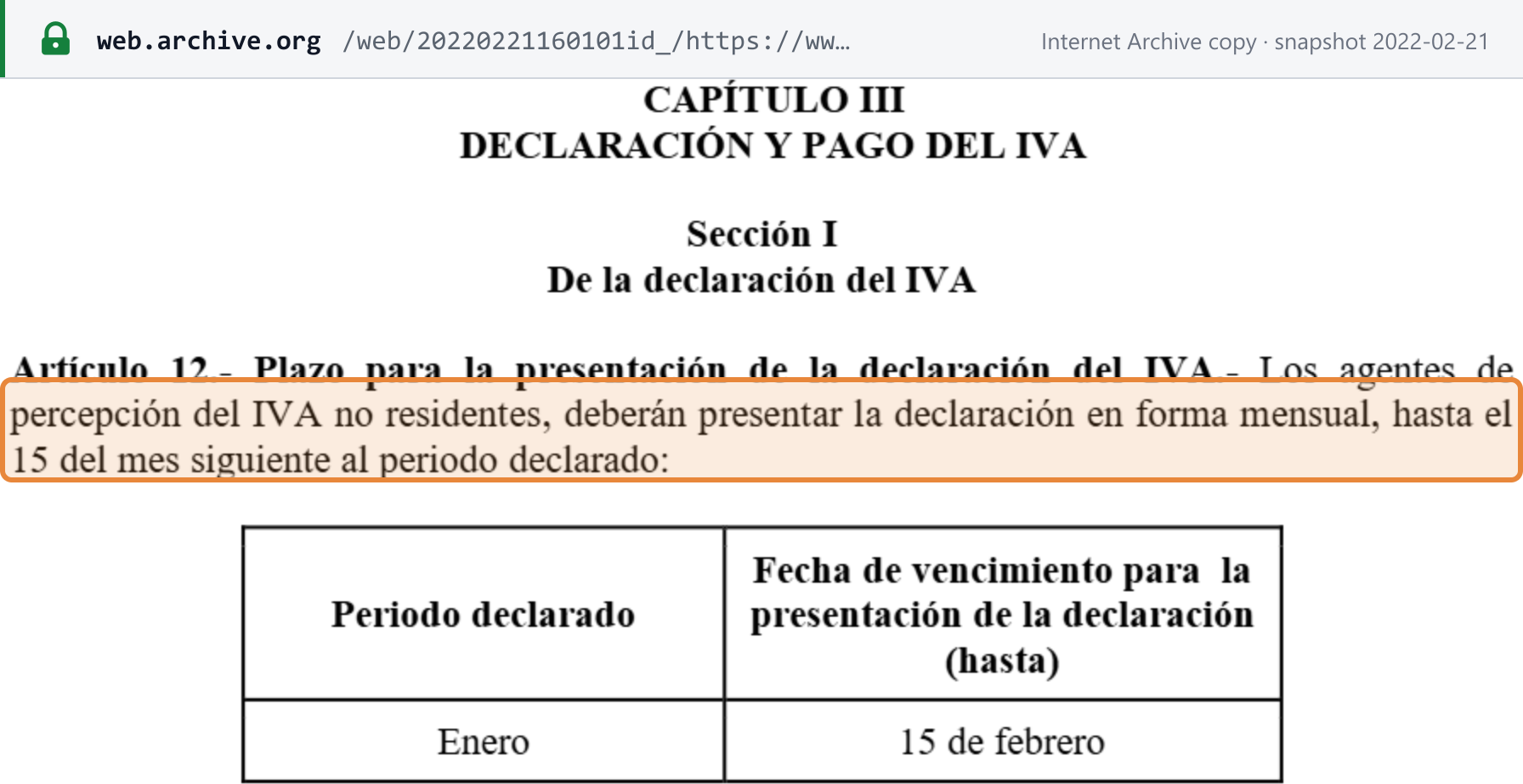 Source snapshot — SRI Resolution NAC-DGERCGC20-00000055, article 12: non-resident IVA collection agents file monthly, by the 15th of the month after the period declared; the table below starts with January, due 15 February
