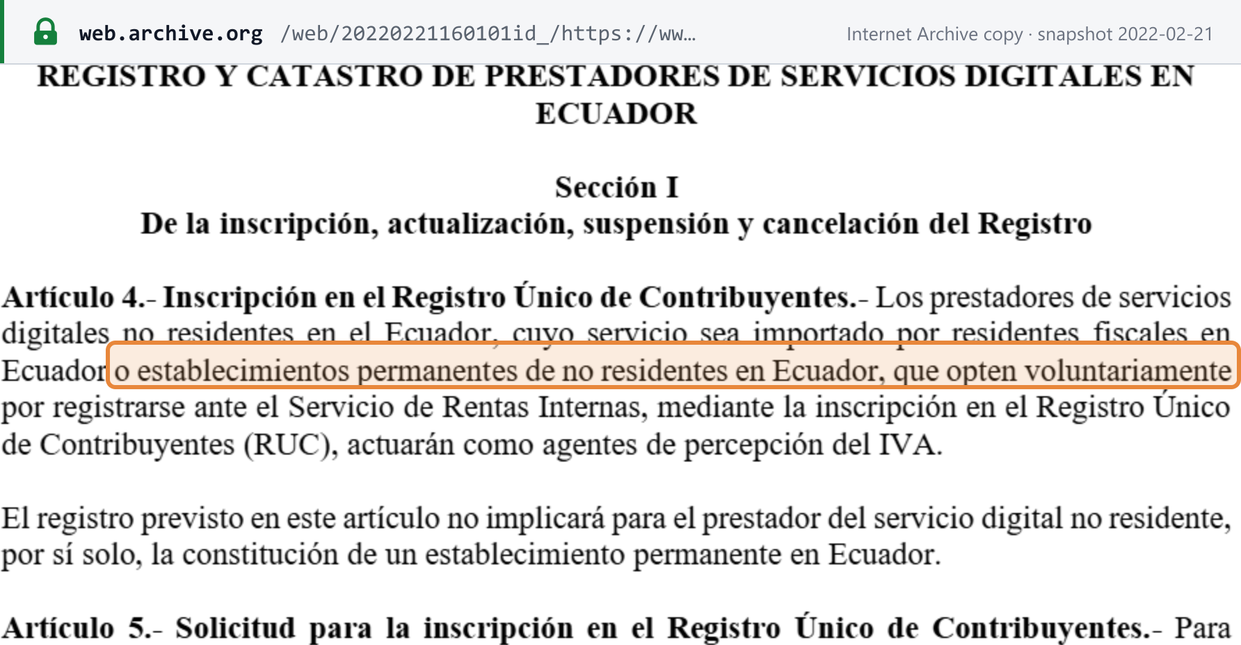 Source snapshot — SRI Resolution NAC-DGERCGC20-00000055, article 4: non-resident digital service suppliers that "opten voluntariamente" to register in the RUC act as IVA collection agents; registration does not by itself create a permanent establishment in Ecuador