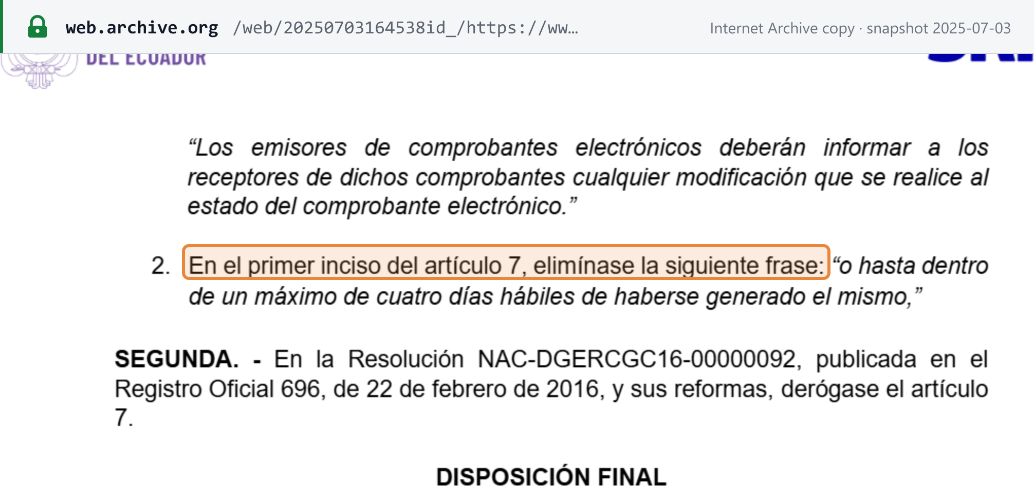 Source snapshot — SRI Resolution NAC-DGERCGC25-00000014, item 2: in the first paragraph of article 7, the phrase "o hasta dentro de un máximo de cuatro días hábiles de haberse generado el mismo" (or within a maximum of four business days of generation) is deleted
