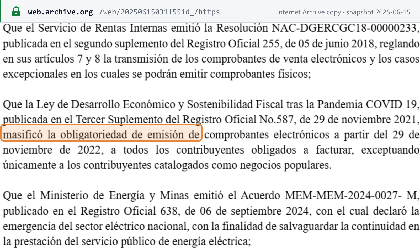 Source snapshot — SRI Resolution NAC-DGERCGC24-00000035, recitals: the 2021 Ley de Desarrollo Económico y Sostenibilidad Fiscal made electronic issuance mandatory from 29 November 2022 for all taxpayers obliged to invoice, except only negocios populares